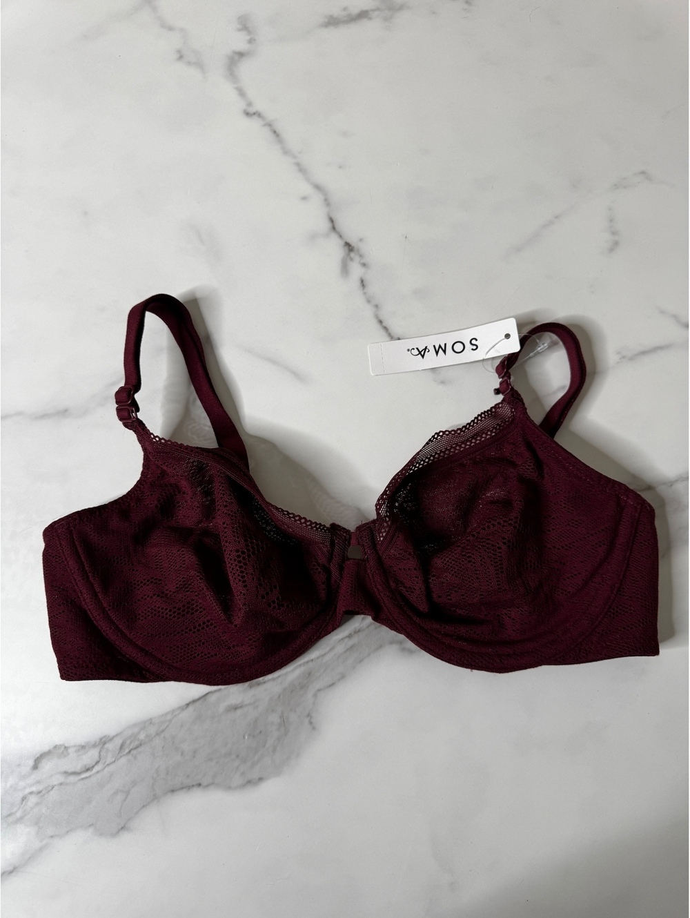 Soma Womens 34B Unlined Lace Underwire Bra Burgundy Adjustable Straps NWT